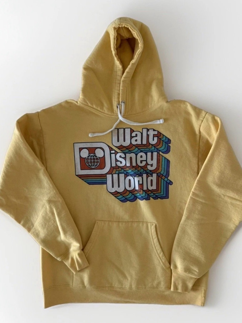 Walt Disney World Unisex Vintage Retro Rainbow Logo Yellow Hoodie Sweatshirt M